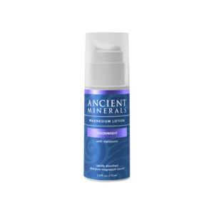 Ancient Minerals Magnesium Lotion Goodnight is a smooth, quickly absorbed emulsion of magnesium chloride and melatonin in a skin-nourishing base of certified organic oils.